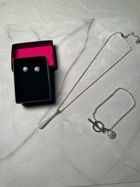 Silver Color Pavé Drop Pendant Necklace, Bracelet & Stud Earrings Set